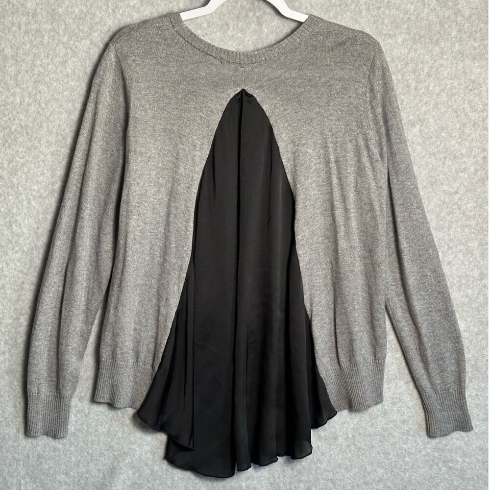 Katherine Barclay Sz L Chiffon Back Drapey Wool Blend Sweater whimsy sheer